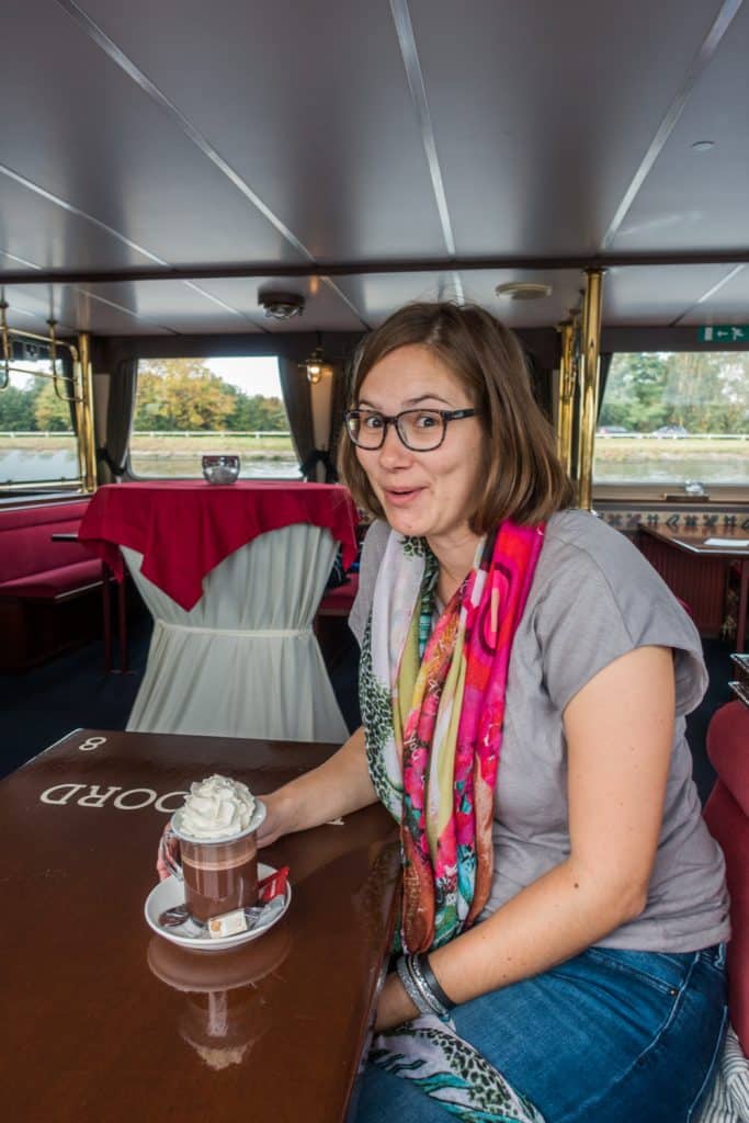Birthe enjoying some hot chocolate on board