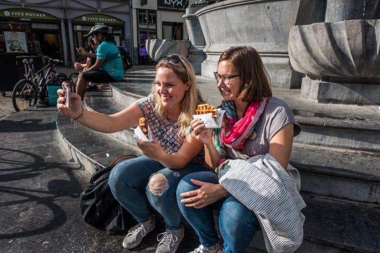 Naomi and Birthe enjoying a Liège Waffle